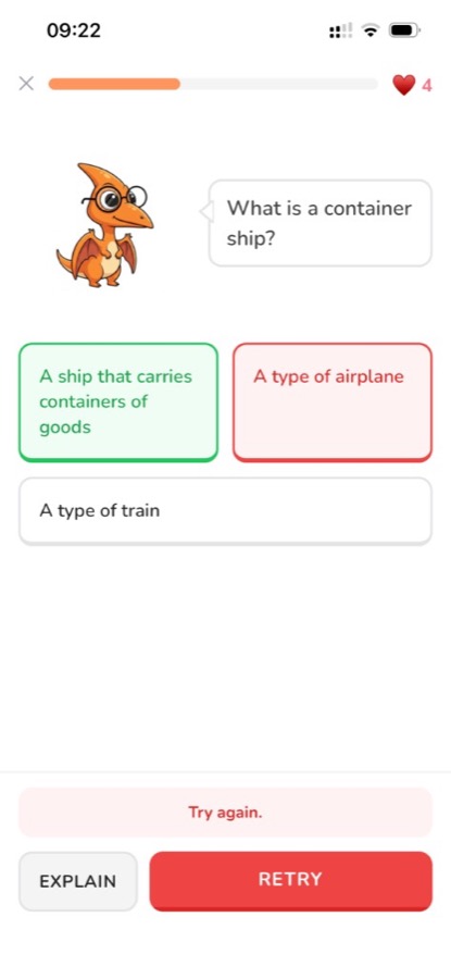 Learn Dino screen: interactive quiz with answer feedback