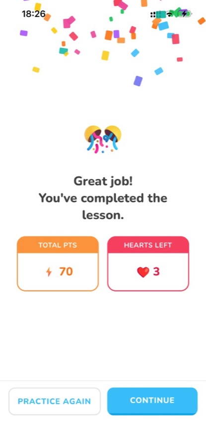 Learn Dino screen: lesson completed celebration